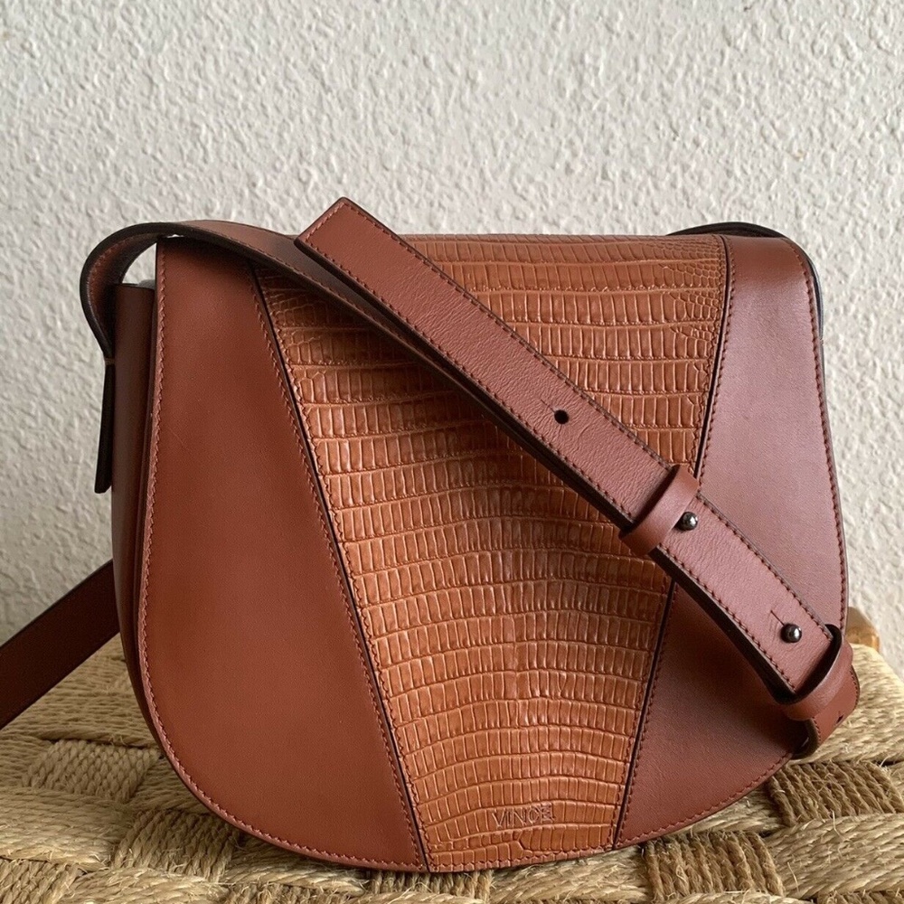Vince. Women’s Modern V Lizard Embossed Leather Crossbody Purse in Brown